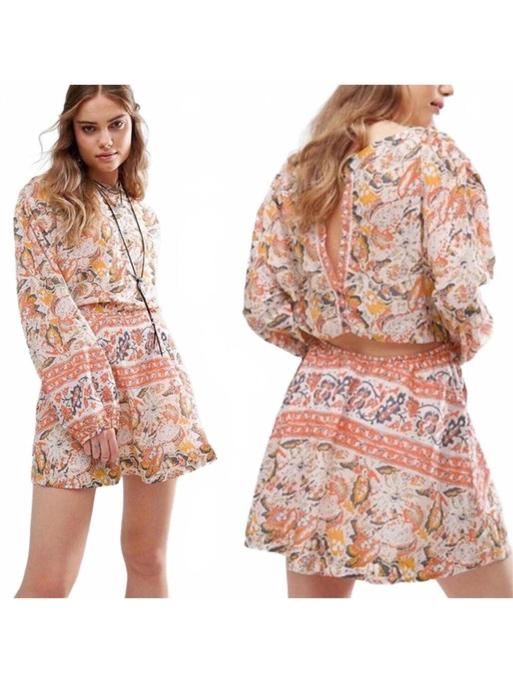 Free People Orange Yellow Floral Cut Out Back Mini Dress Womens Small Boho